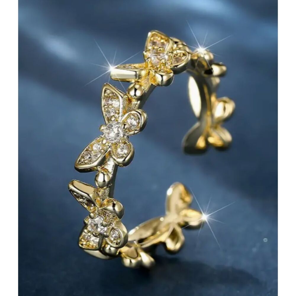 Dainty Gold Rhinestone Butterfly Ring Adjustable Butterflies